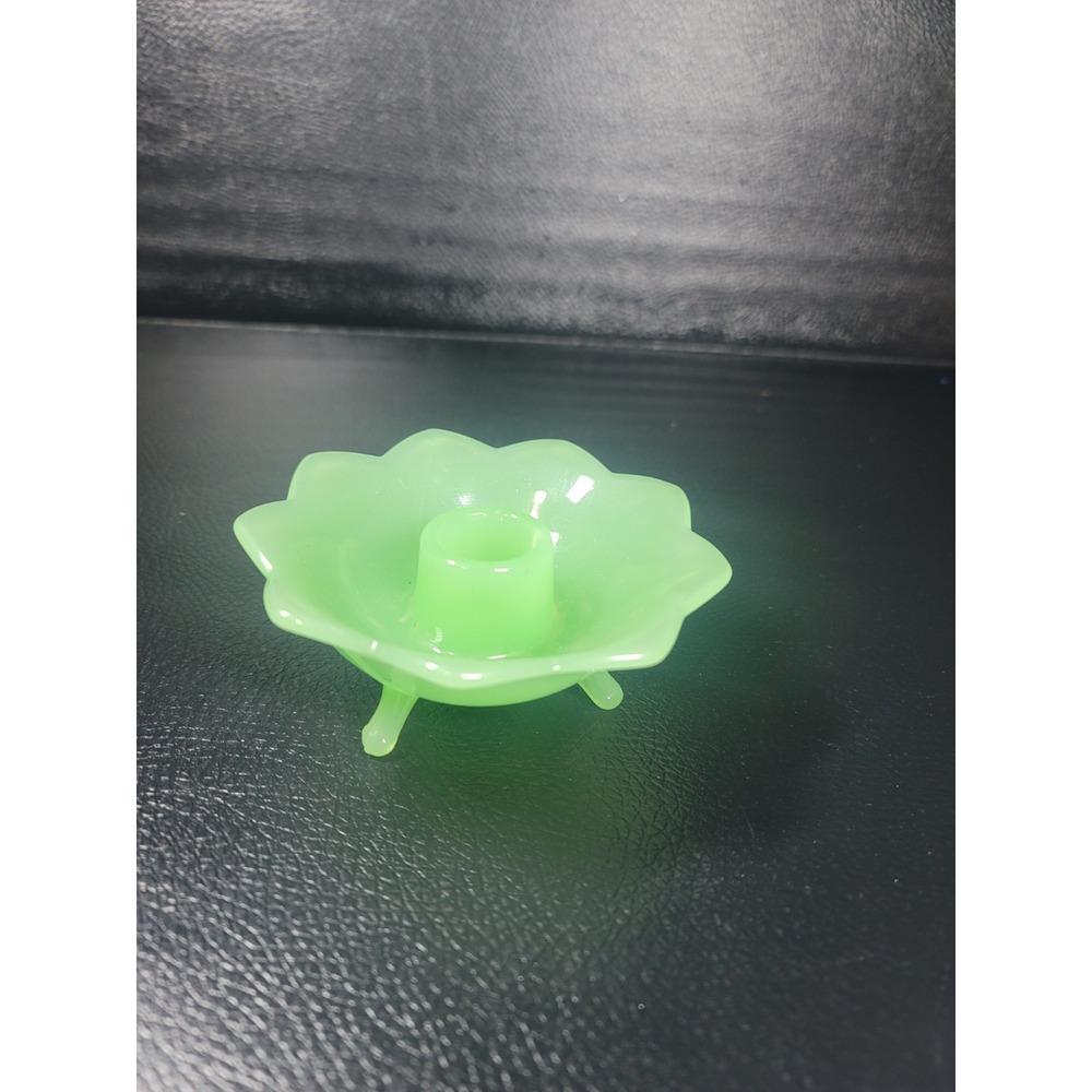 Vintage Fenton Jadeite Green Glass Lotus Candlestick Holder